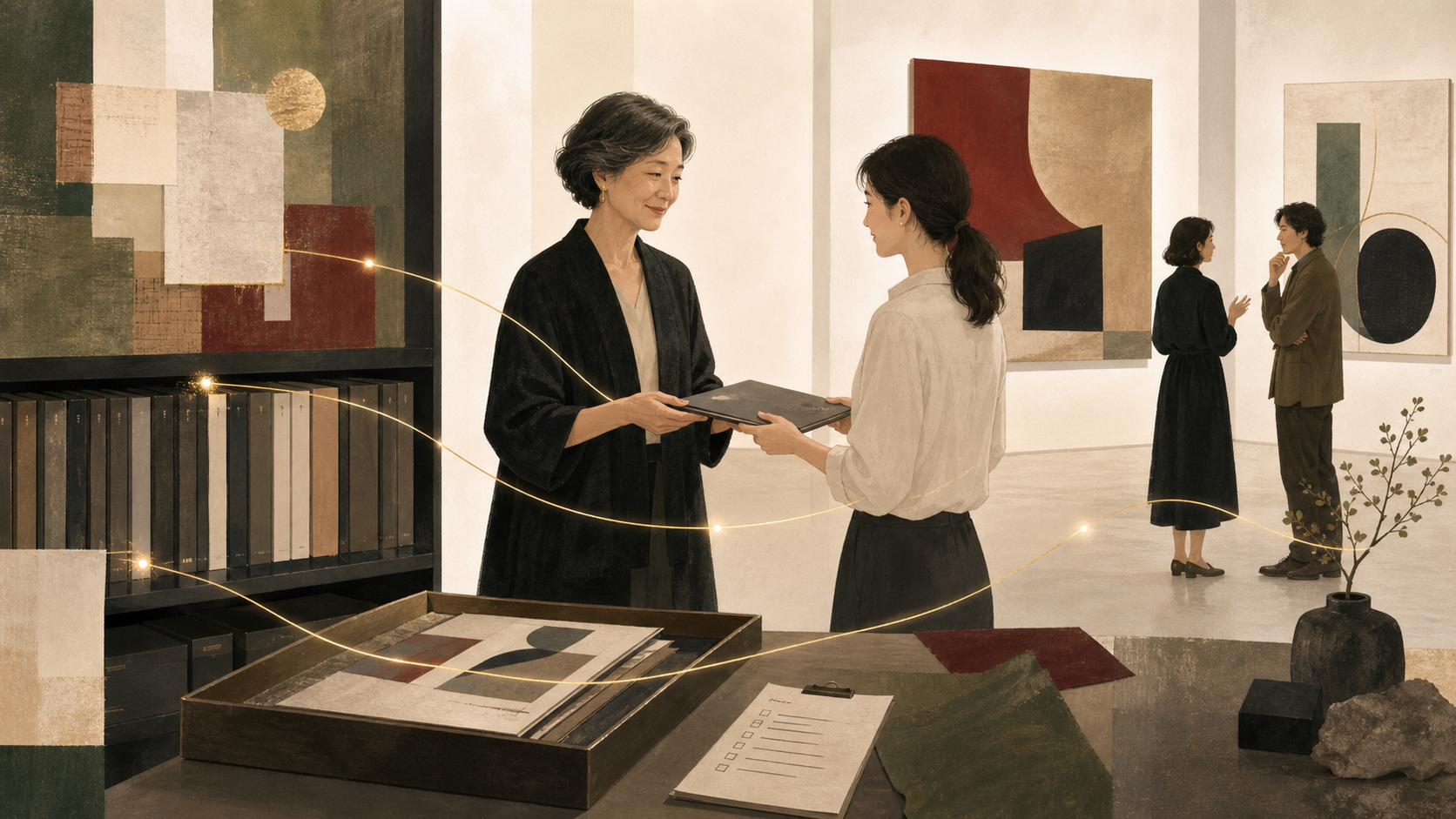 畫廊同仁整理展覽資料與工作經驗的概念畫面
